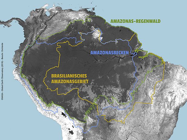 Geografische Lage Amazonasgebiet, Fluss und Regenwald ©NASA - Global Earth Observatory - Beschr. OroVerde